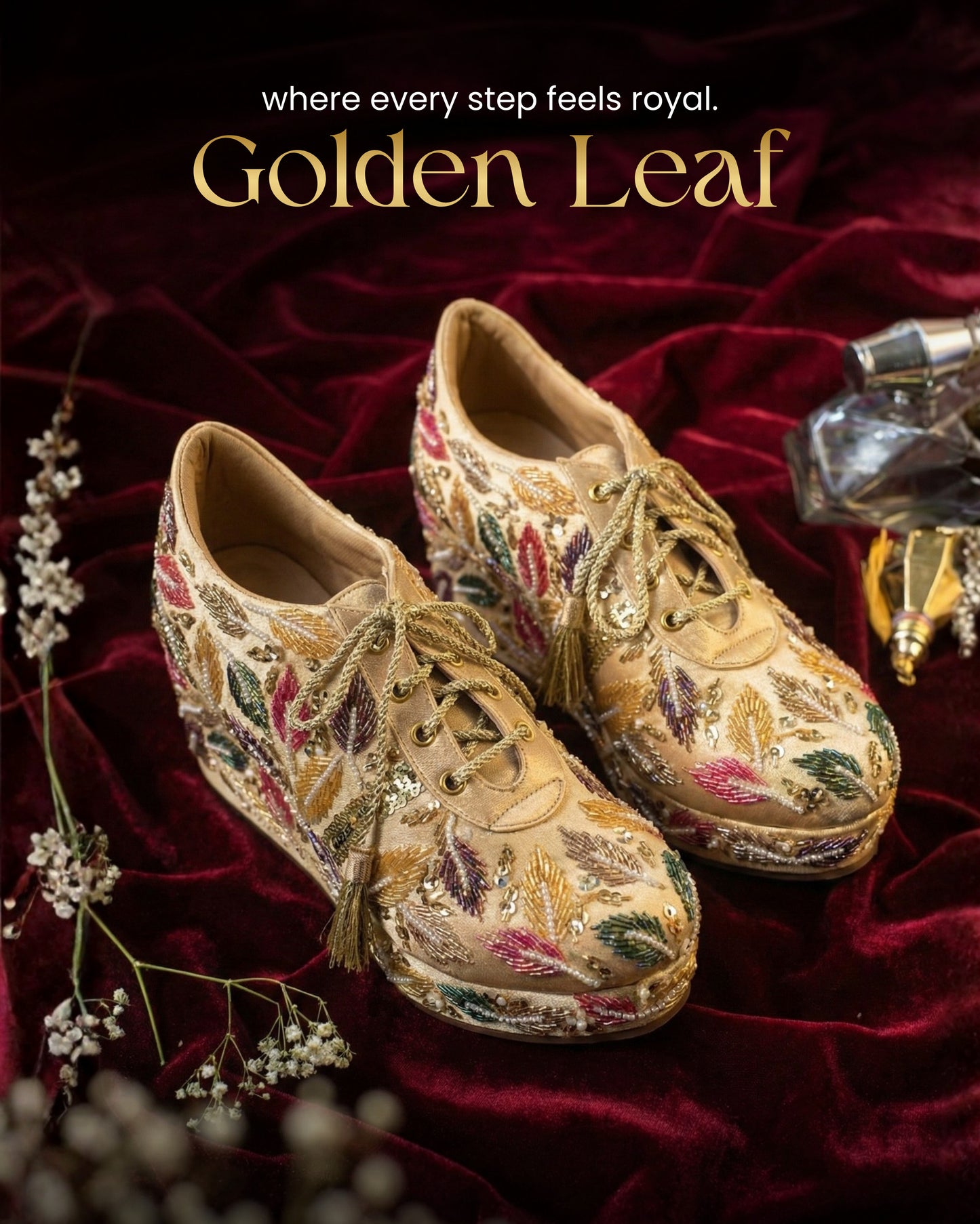 Golden Leaf-Multicolor Embroidered Gold Wedge