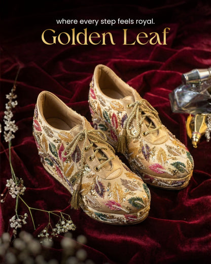 Golden Leaf-Multicolor Embroidered Gold Wedge