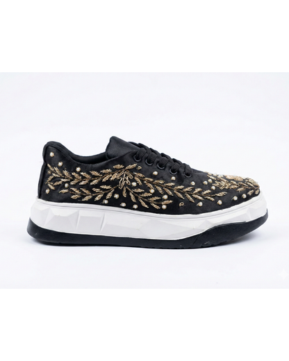 Noir Luxe Gold-Black Embroidered Ethnic Sneakers