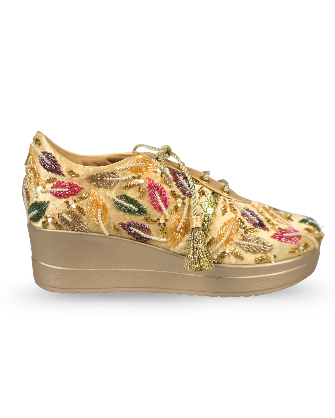 Golden Aura-Gold Embroidered Wedge Sneakers