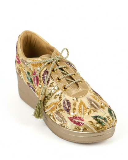 Golden Aura-Gold Embroidered Wedge Sneakers