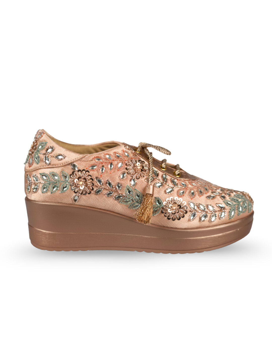 Rose Gold Enchant Embellished Wedge Sneakers