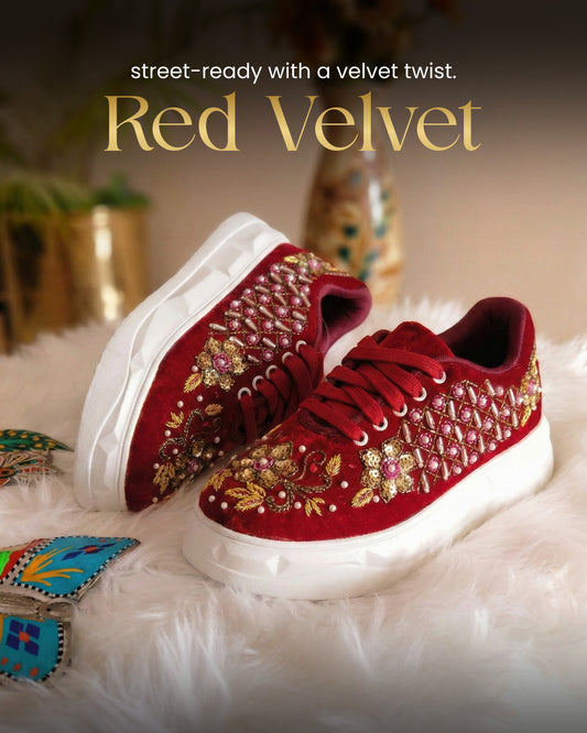 Red Velvet Embroidered Ethnic Sneakers