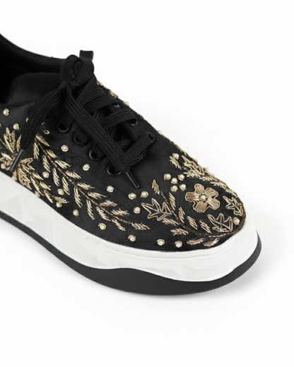 Noir Luxe Gold-Black Embroidered Ethnic Sneakers