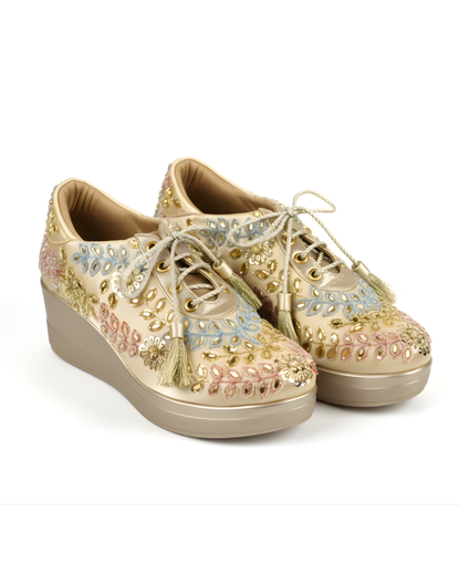 Pastel Multicolor Embroidered Gold Bridal Sneakers