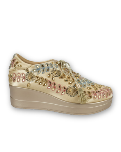 Pastel Multicolor Embroidered Gold Bridal Sneakers
