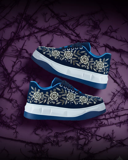 Noor Sapphire-Navy Blue Velvet Embroidered Ethnic Sneakers