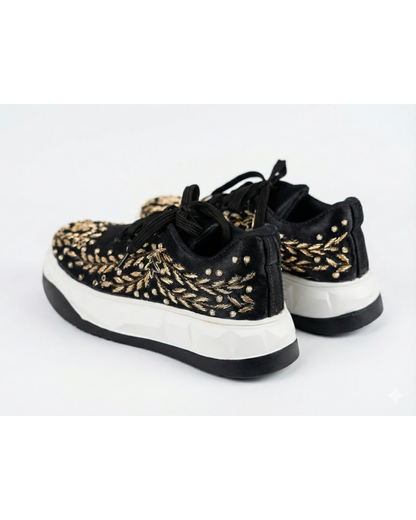 Noir Luxe Gold-Black Embroidered Ethnic Sneakers