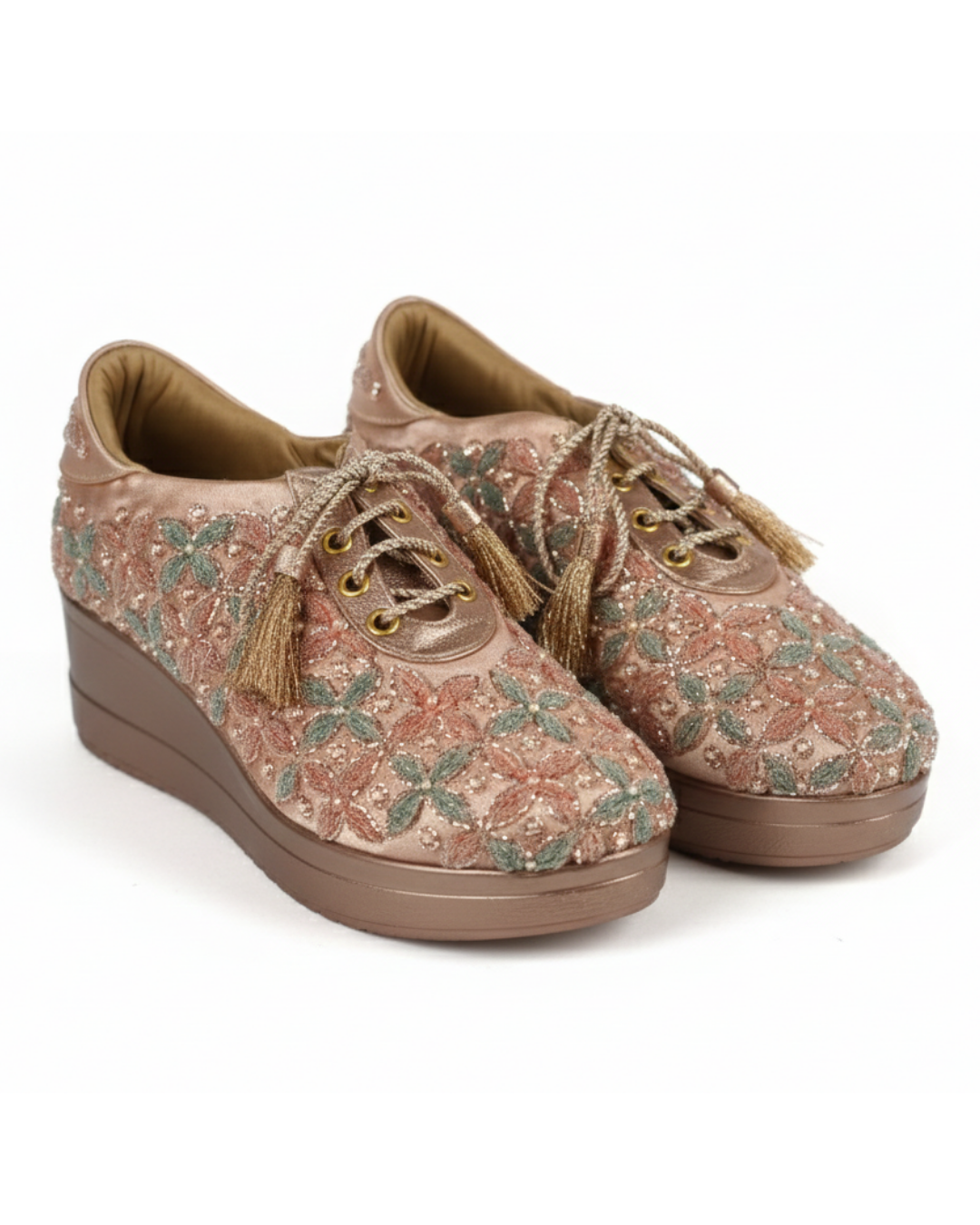 Rose Gold Pastel Flora-Hand-Embroidered Wedge Sneakers
