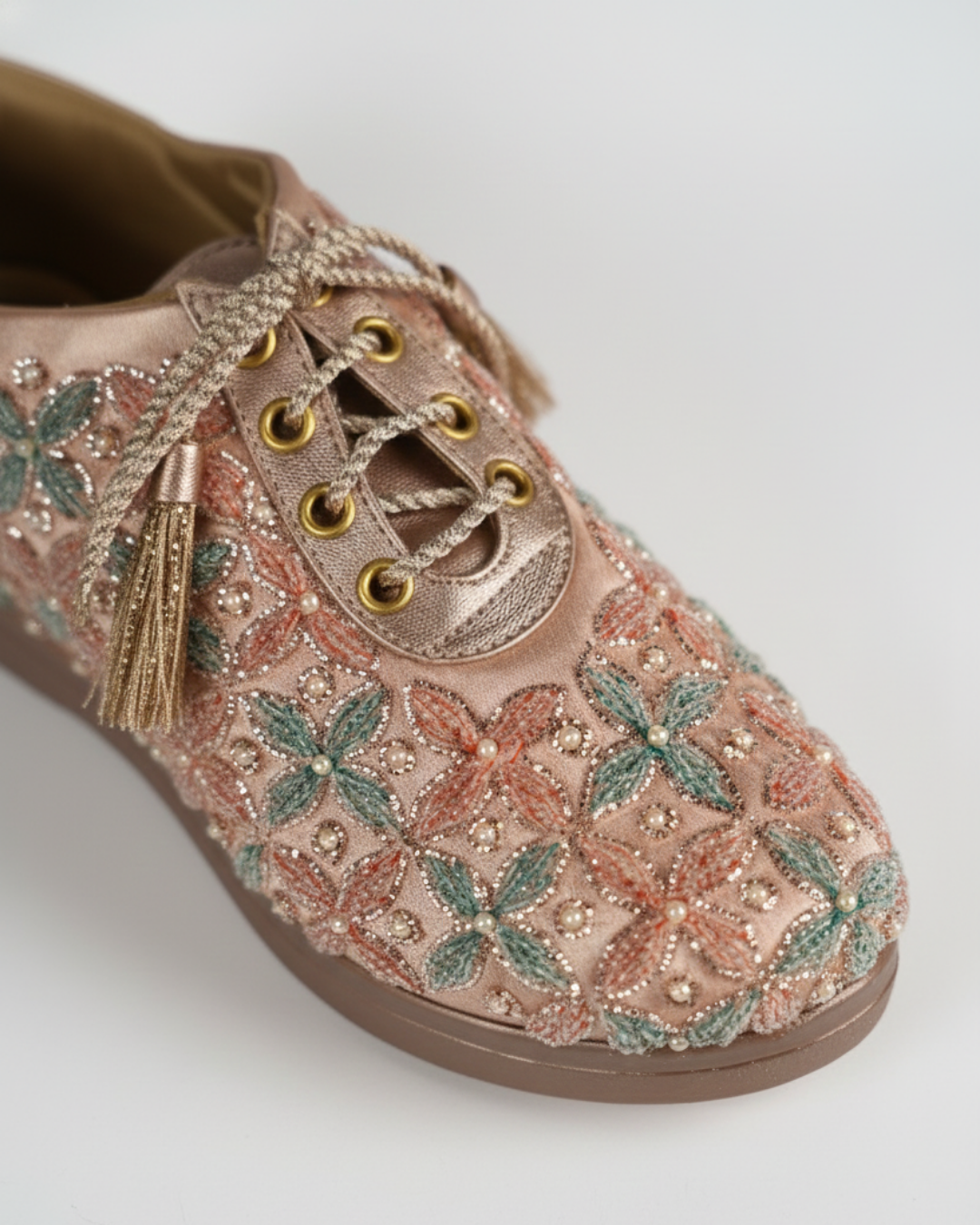 Rose Gold Pastel Flora-Hand-Embroidered Wedge Sneakers