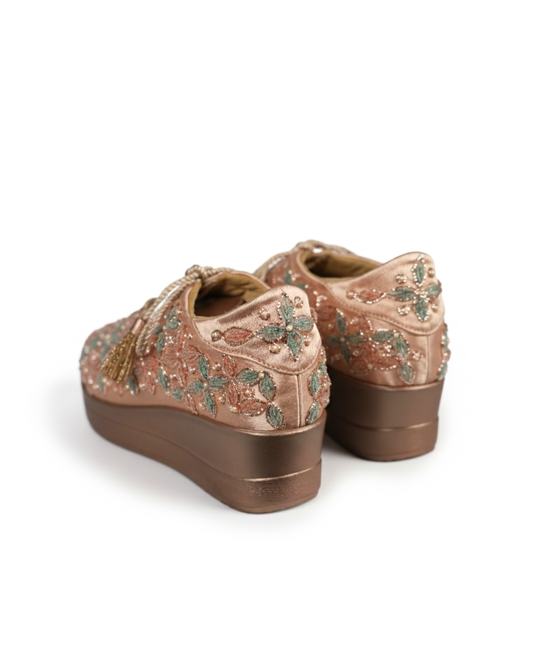 Rose Gold Pastel Flora-Hand-Embroidered Wedge Sneakers