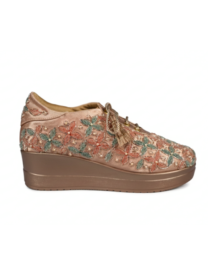 Rose Gold Pastel Flora-Hand-Embroidered Wedge Sneakers