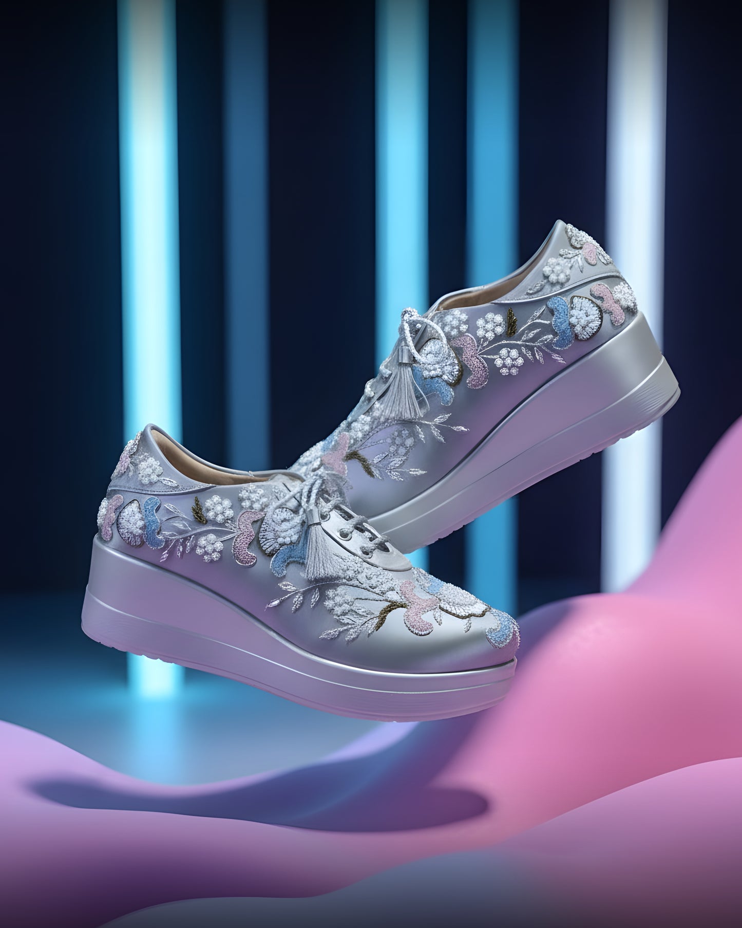 Crystal Grace-Embroidered Silver Sneakers