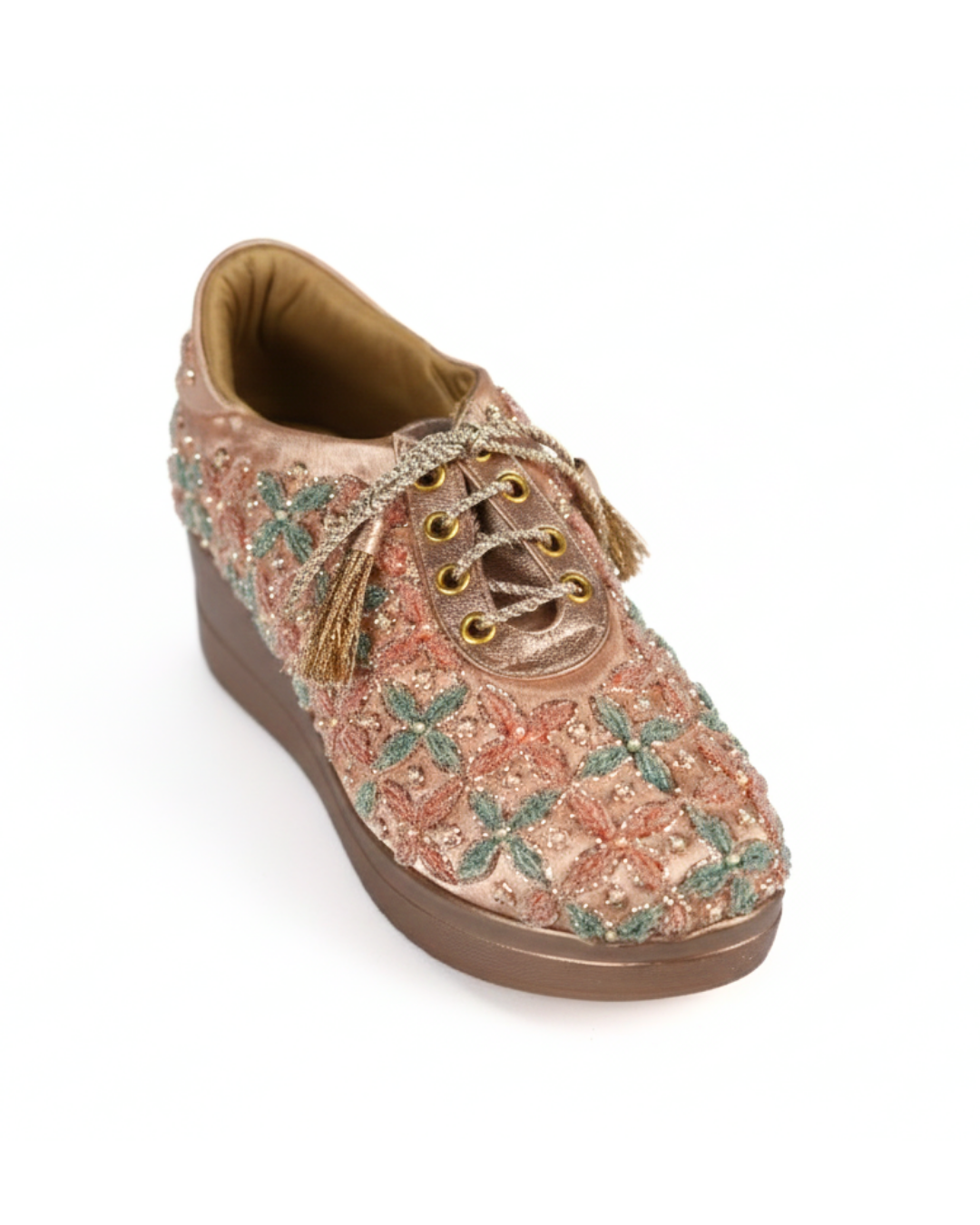 Rose Gold Pastel Flora-Hand-Embroidered Wedge Sneakers