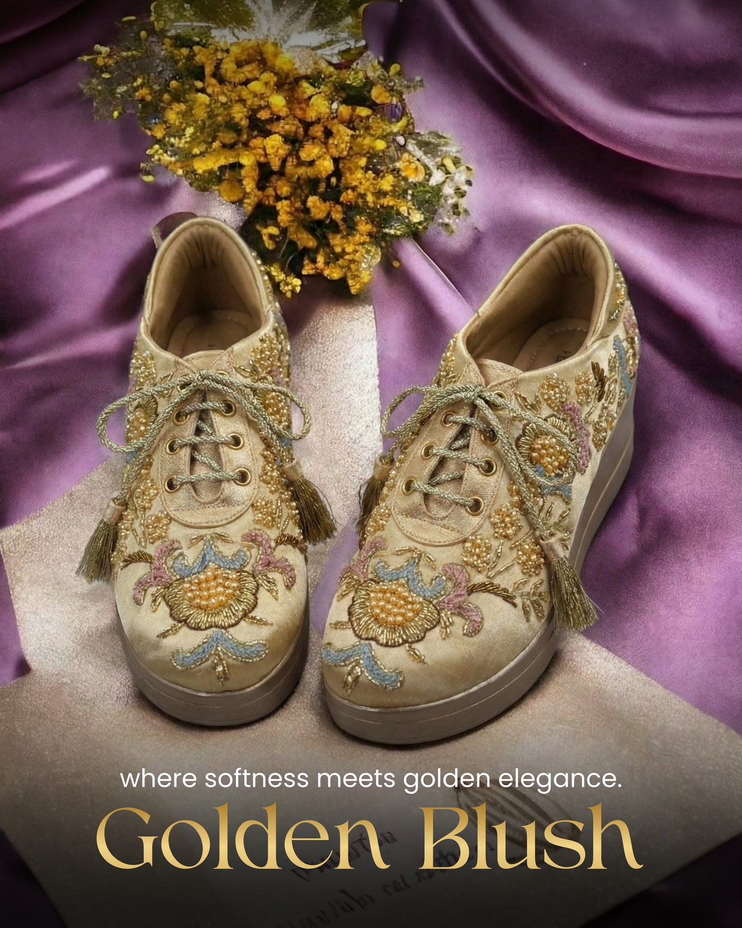 Golden Blush-Gold Floral Embroidered Wedge Sneakers