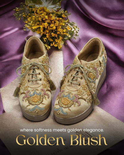 Golden Blush-Gold Floral Embroidered Wedge Sneakers