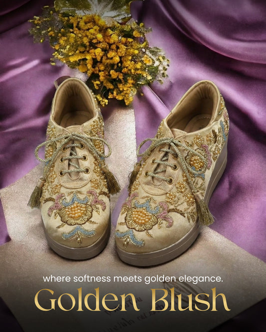 Golden Blush-Gold Floral Embroidered Wedge Sneakers