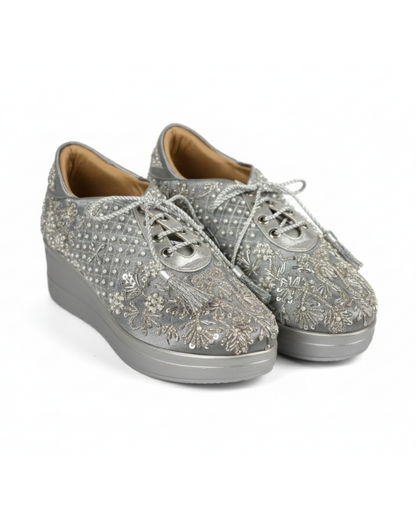 Premium Silver Serenity Embroidered Grey Platform Sneakers