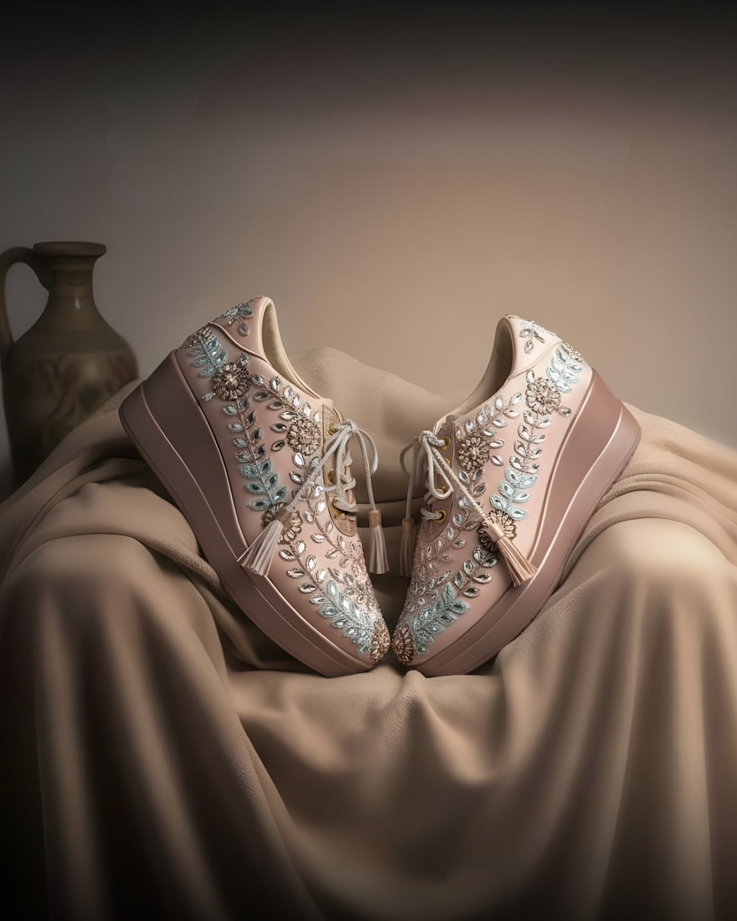 Rose Gold Enchant Embellished Wedge Sneakers