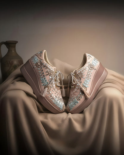 Rose Gold Enchant Embellished Wedge Sneakers