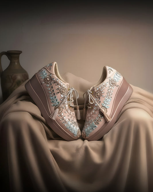 Rose Gold Enchant Embellished Wedge Sneakers