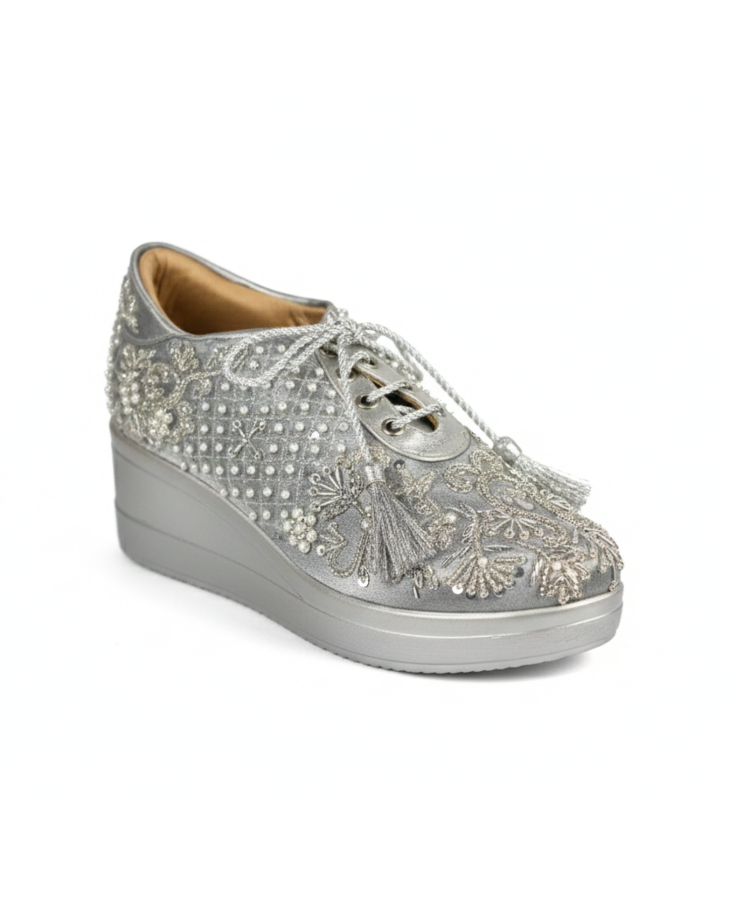 Premium Silver Serenity Embroidered Grey Platform Sneakers
