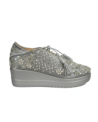 Premium Silver Serenity Embroidered Grey Platform Sneakers