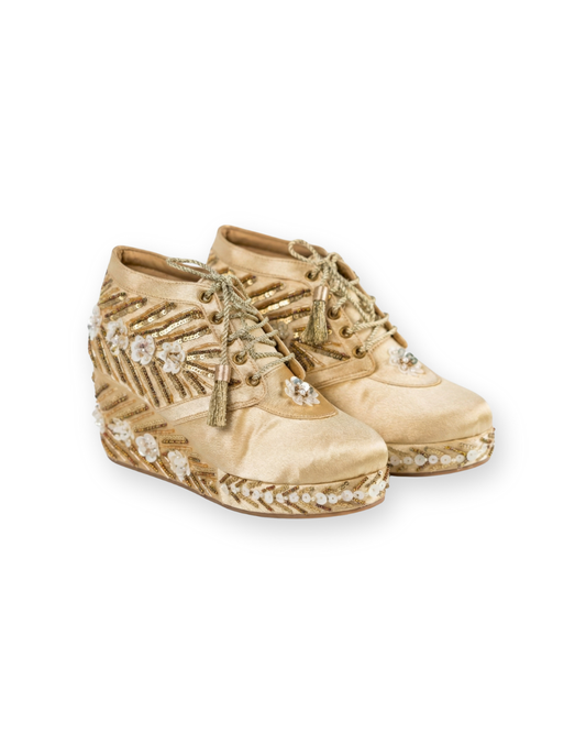 Noor Eclcat-Royal Gold Embellished Wedge Sneakers
