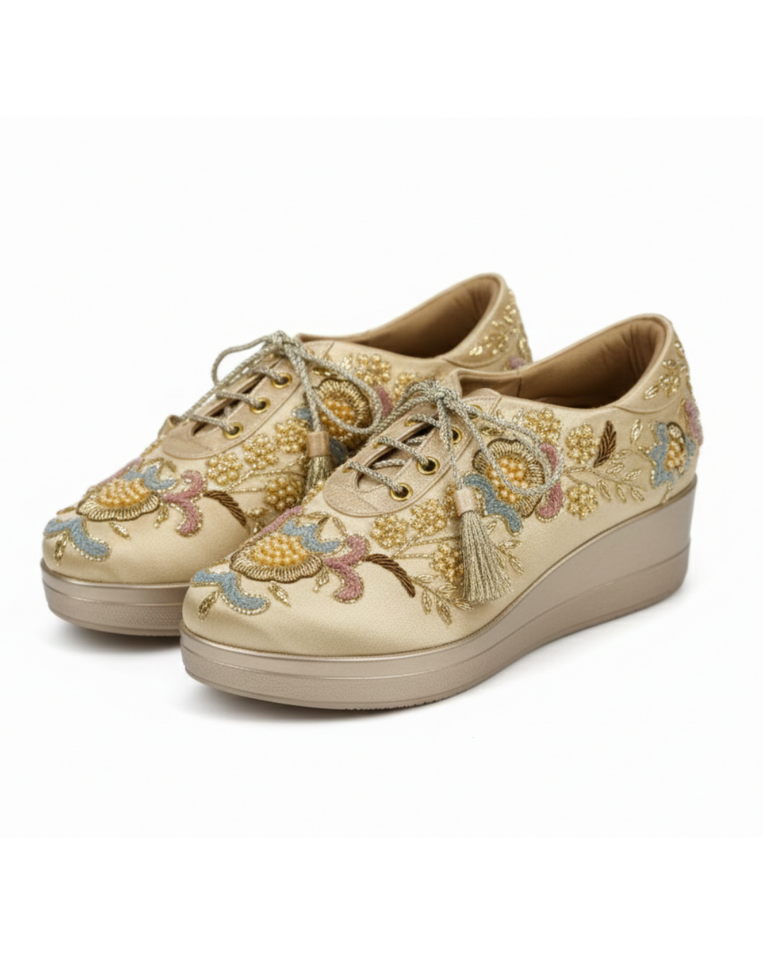 Golden Blush-Gold Floral Embroidered Wedge Sneakers