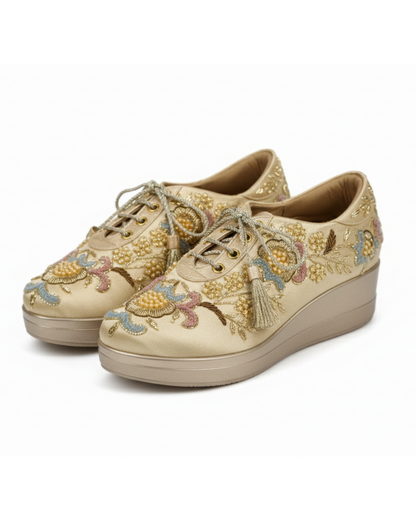 Golden Blush-Gold Floral Embroidered Wedge Sneakers