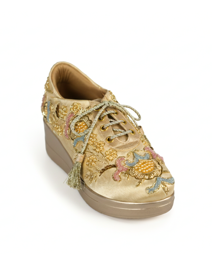 Golden Blush-Gold Floral Embroidered Wedge Sneakers