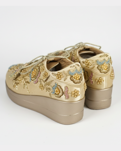 Golden Blush-Gold Floral Embroidered Wedge Sneakers
