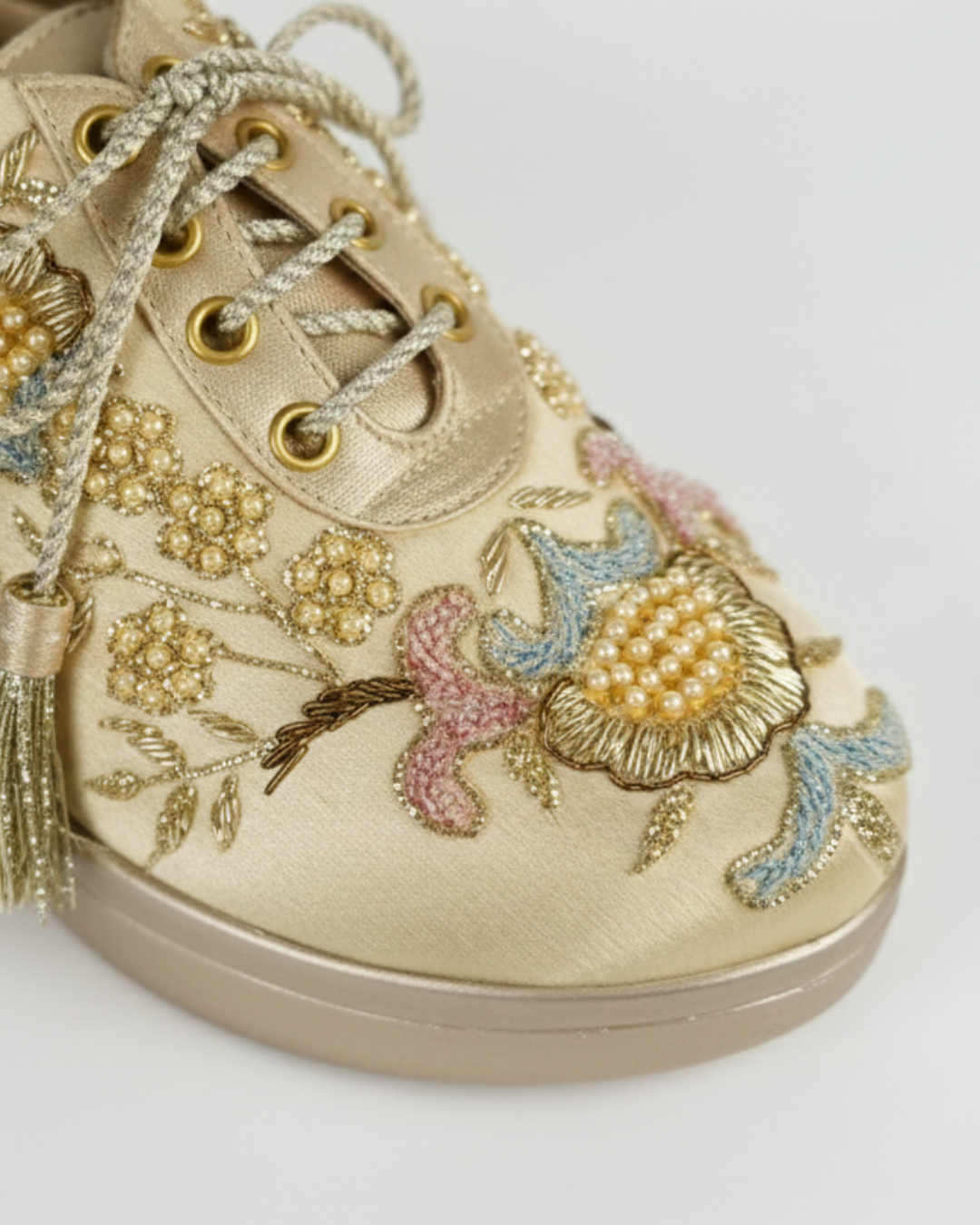 Golden Blush-Gold Floral Embroidered Wedge Sneakers