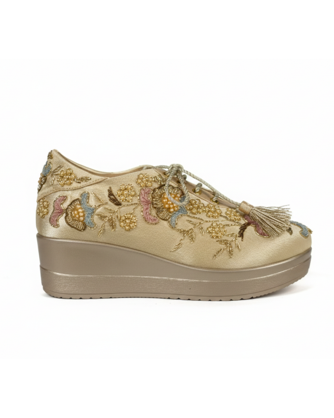 Golden Blush-Gold Floral Embroidered Wedge Sneakers