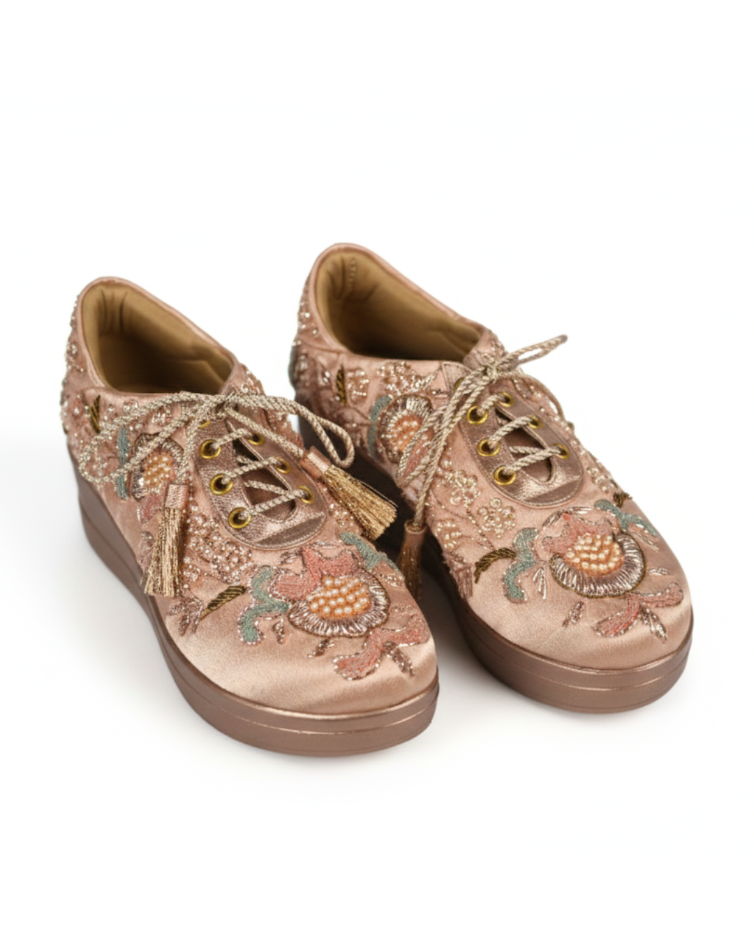 Rose Gold Pearl & Sequin Embroidered Wedge Sneakers