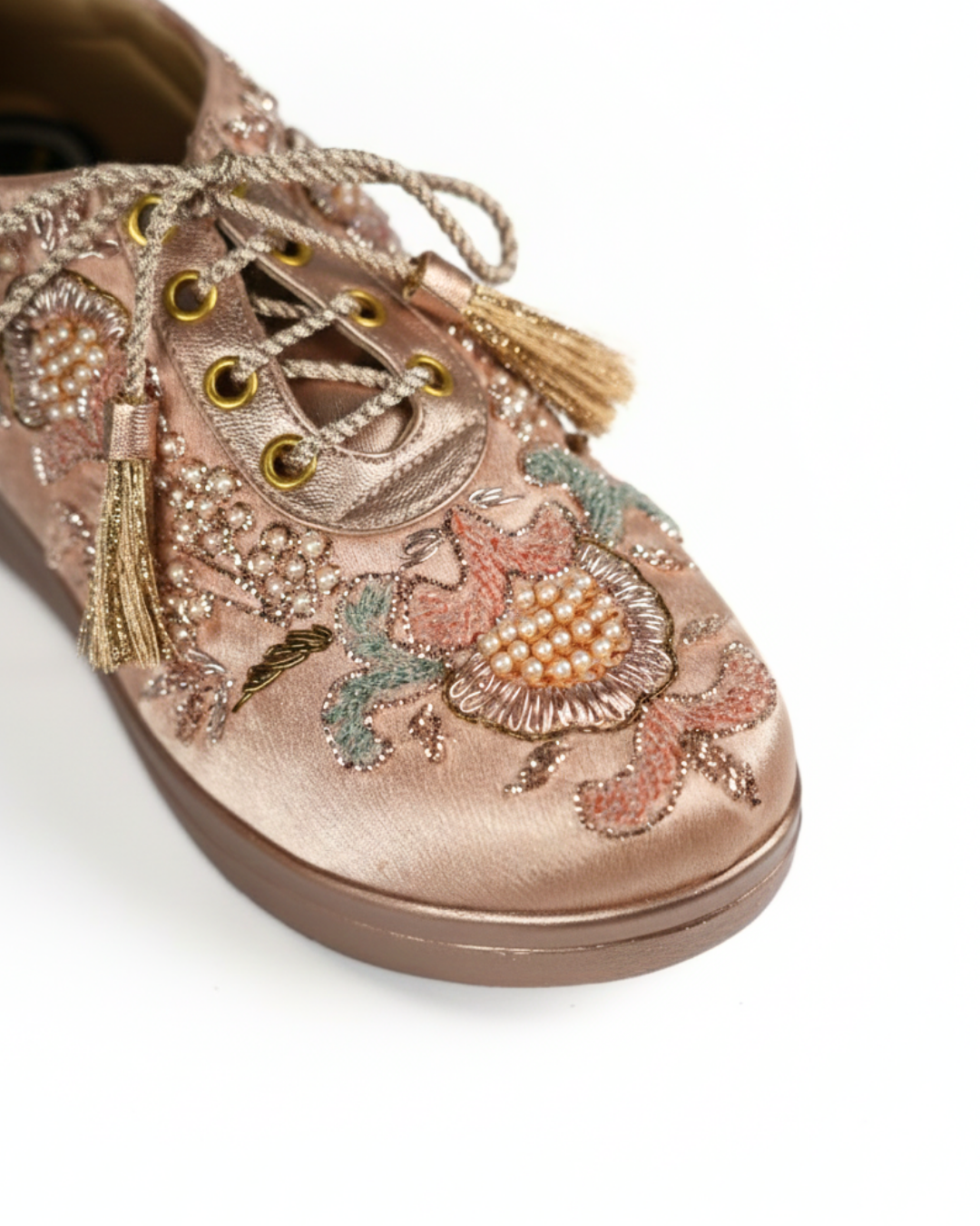 Rose Gold Pearl & Sequin Embroidered Wedge Sneakers