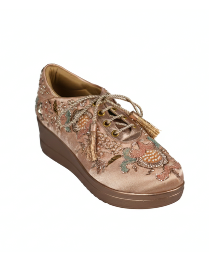 Rose Gold Pearl & Sequin Embroidered Wedge Sneakers