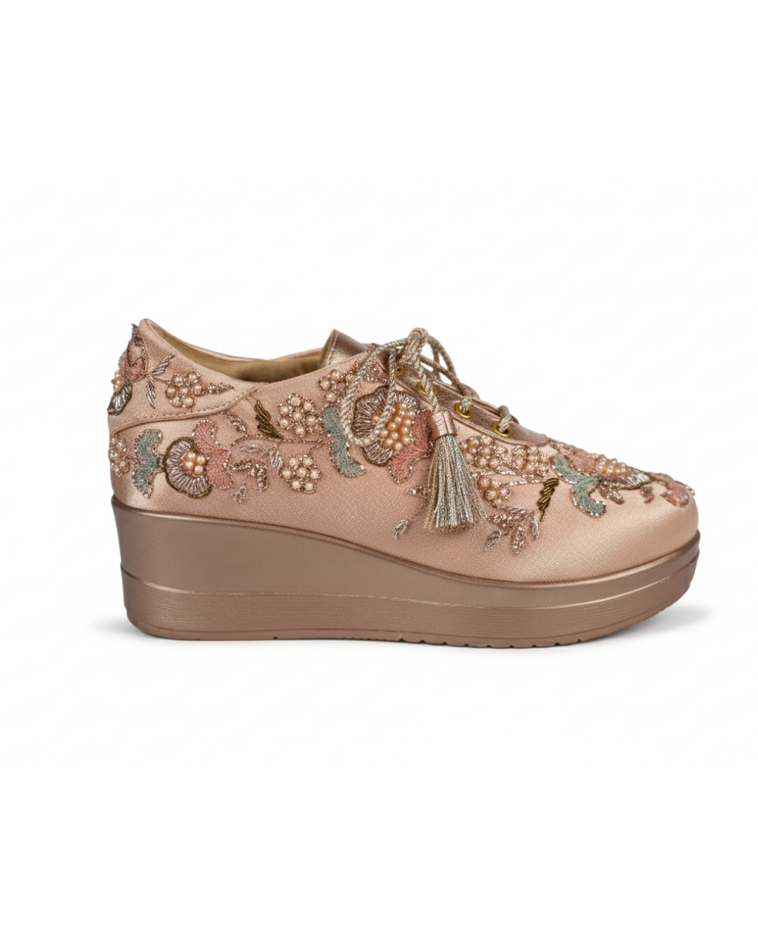 Rose Gold Pearl & Sequin Embroidered Wedge Sneakers