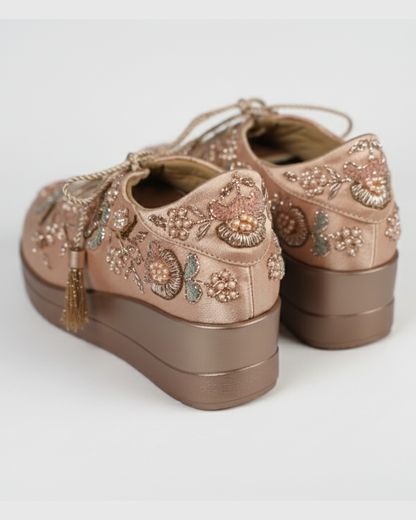 Rose Gold Pearl & Sequin Embroidered Wedge Sneakers