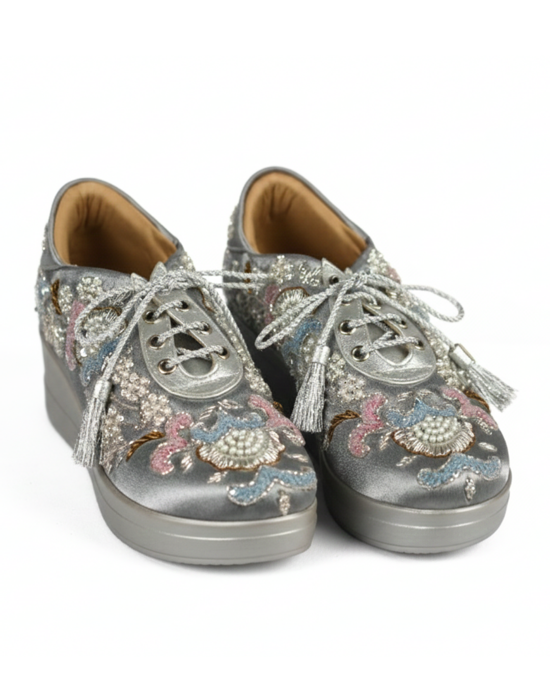 Crystal Grace-Embroidered Silver Sneakers