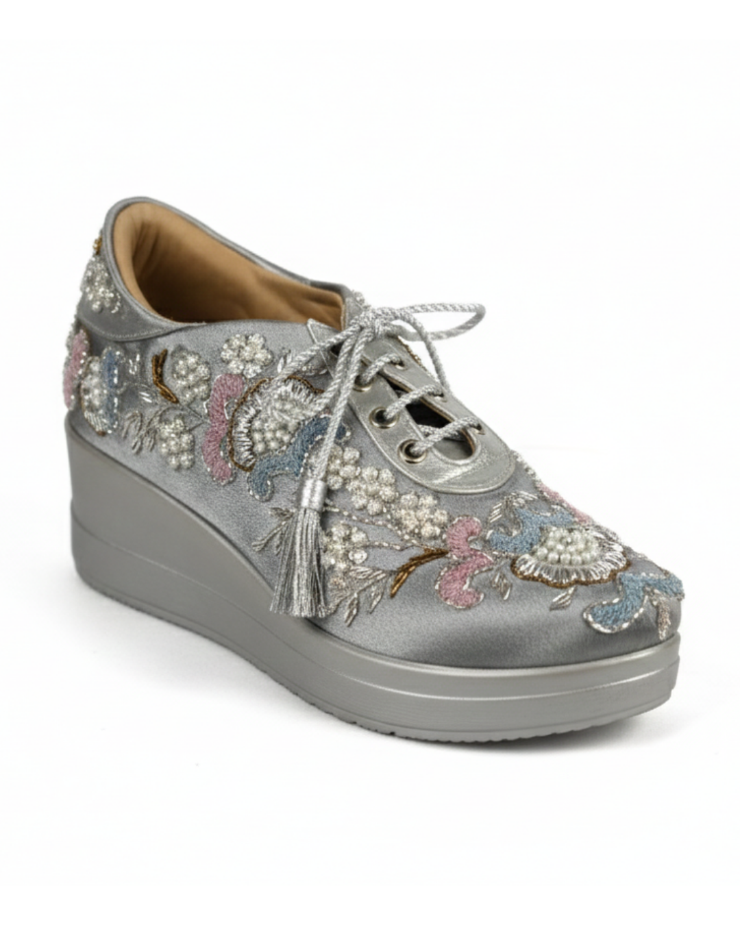 Crystal Grace-Embroidered Silver Sneakers