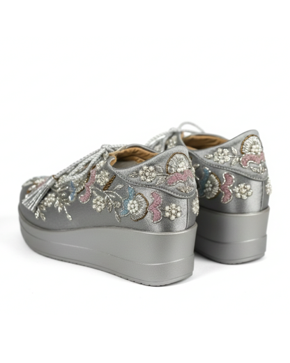 Crystal Grace-Embroidered Silver Sneakers