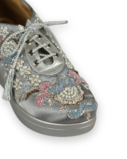 Crystal Grace-Embroidered Silver Sneakers