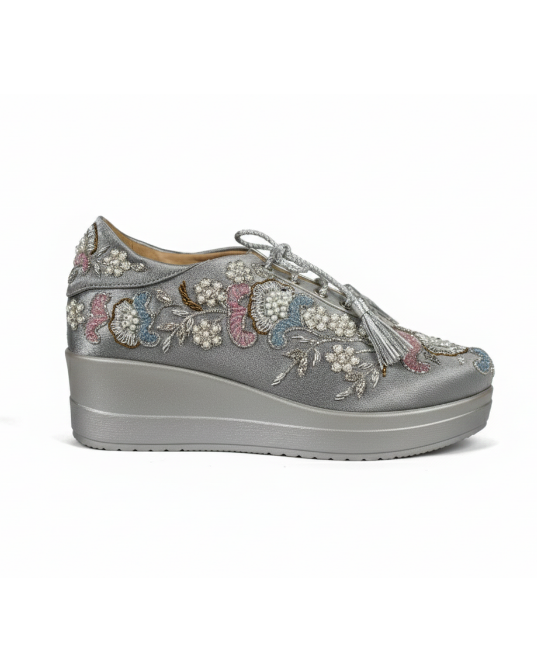 Crystal Grace-Embroidered Silver Sneakers