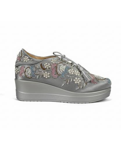 Crystal Grace-Embroidered Silver Sneakers
