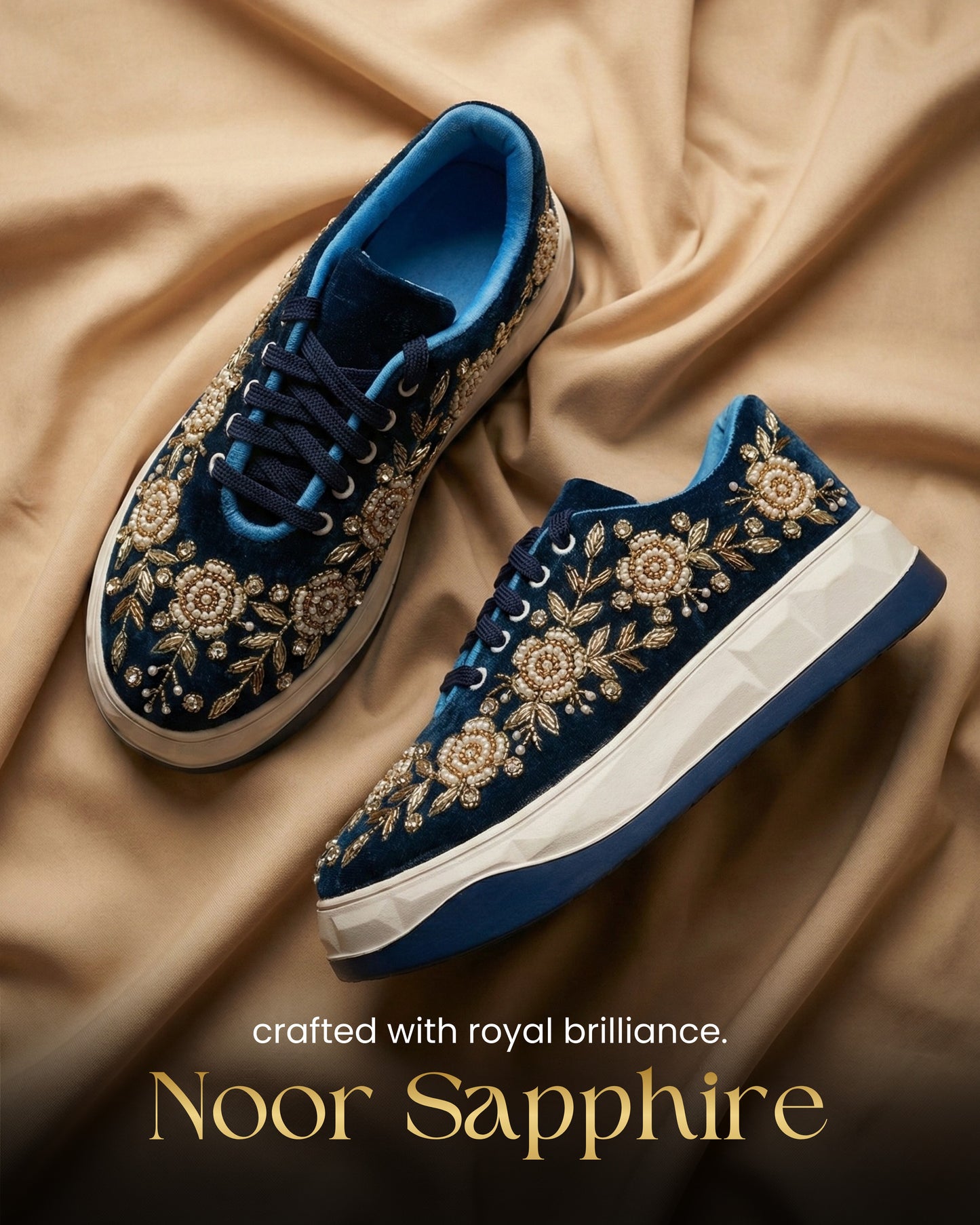 Noor Sapphire-Navy Blue Velvet Embroidered Ethnic Sneakers