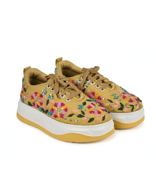 Rang Rez-Mustard Hand-Embroidered Floral Ethnic Sneakers