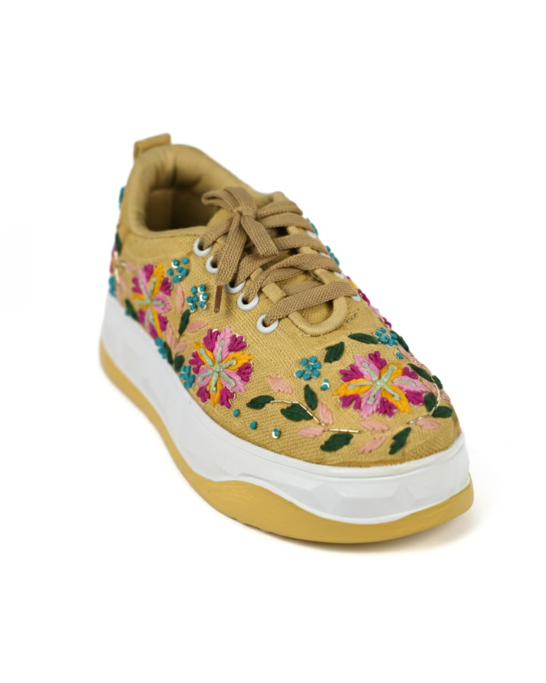 Rang Rez-Mustard Hand-Embroidered Floral Ethnic Sneakers