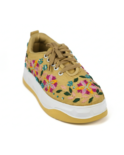 Rang Rez-Mustard Hand-Embroidered Floral Ethnic Sneakers