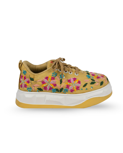 Rang Rez-Mustard Hand-Embroidered Floral Ethnic Sneakers